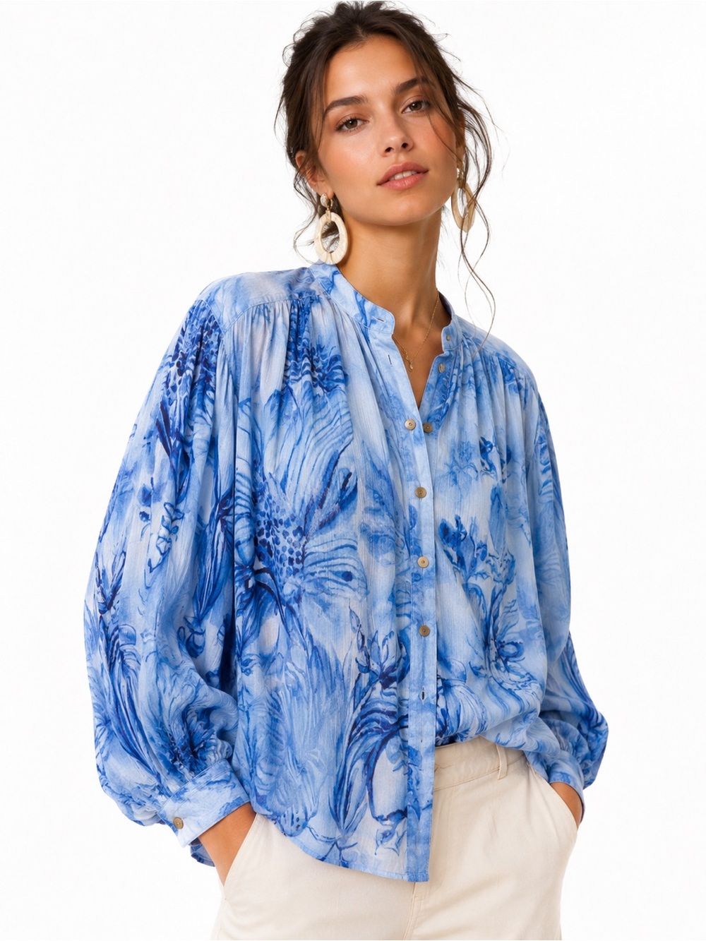 Pilcro Anthropologie Blue Floral Boho Peasant Blouse XL Cottagecore